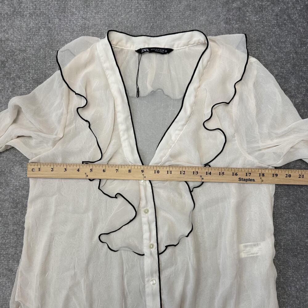 Zara Shirt Womens Medium Cream Sheer Ruffle Button Front Long Sleeve V Neck - Picture 5 of 7